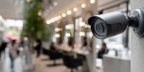 Security camera mounted indoors watches a busy modern retail interior with blurred shoppers and warm bokeh lights.