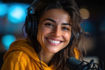 Radiant young woman smiles warmly wearing headphones, poised before microphone, bathed in studio