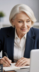 A smiling senior executive woman with styled silver hair and a navy blazer writes happily in a notebook, projecting a confident mood.