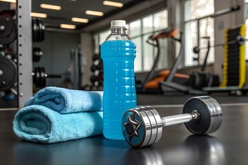 Hydration and strength training essentials a blue drink towels and dumbbell in a gym setting