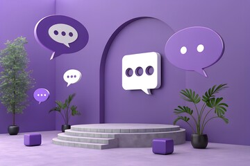 Abstract 3d scene with floating chat bubbles and plants on a stage with purple accents