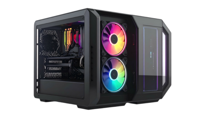 Modern desktop computer enclosure displays colorful internal illumination against a dark background