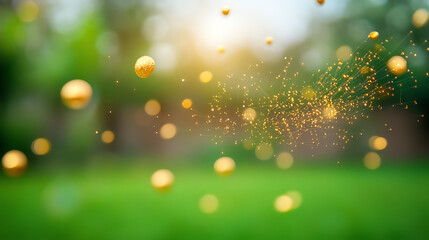 Obraz premium A magical scene featuring golden particles dancing in sunlight, creating a dreamy atmosphere in a serene outdoor setting.
