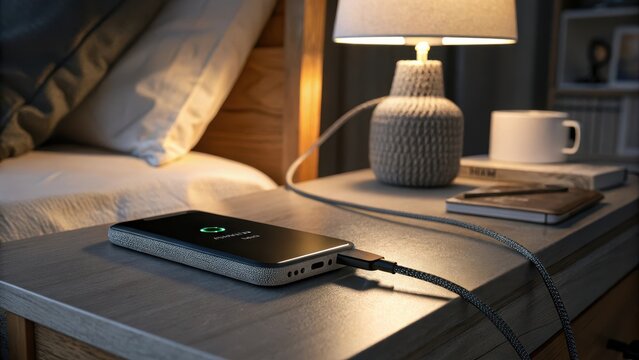 Smartphone charging on bedside table next to illuminated lamp at night