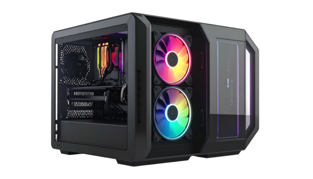 Modern desktop computer enclosure displays colorful internal illumination against a dark background