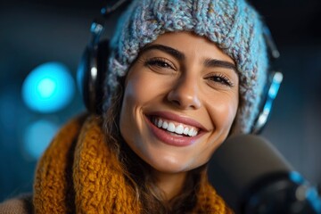 Radiant woman with a warm smile, wearing a knitted hat and scarf, broadcasting on a microphone.