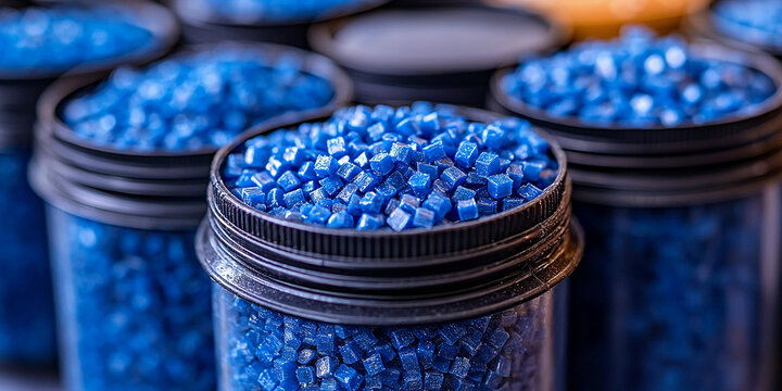 Close-up view of blue plastic polymer granules in containers Generative AI
