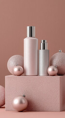 Pink Cosmetic Bottles on Stand Box, Soft Dusty Rose Background, Glitter Pink Baubles, Balls, Minimalist Beauty Cosmetics Product Packaging Mockup for Christmas Branding, Blank Label Presentation.