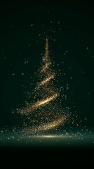 Golden Glitter Christmas Tree with Sparkling Particles on Dark Green Background, Elegant Holiday Greeting Card, Vertical Gold and Emerald X-mas Design.