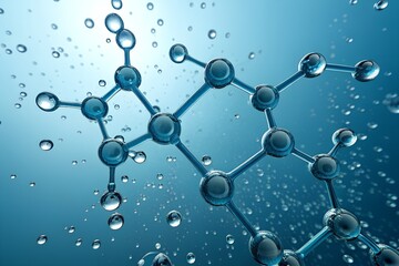 Abstract 3d molecular structure model with water droplets against a blue background representing scientific research and discovery