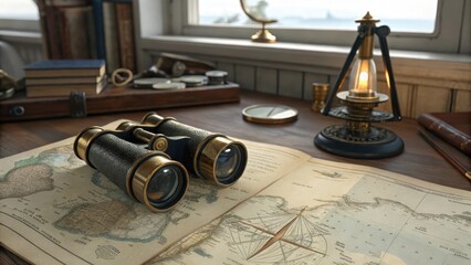 Vintage binoculars resting on a map of the open sea