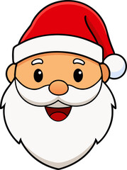 a cute smiling Santa face with fluffy white beard and red hat, simple clean flat cartoon icon style, no background.