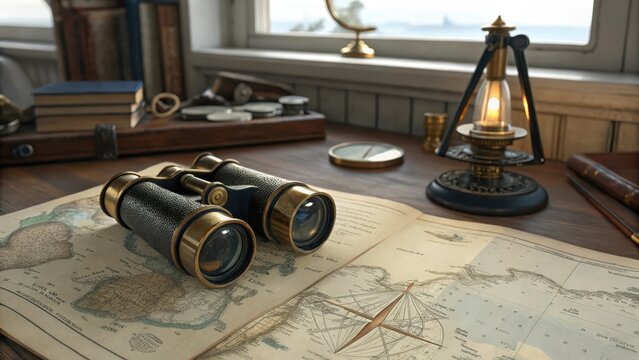 Vintage binoculars resting on a map of the open sea