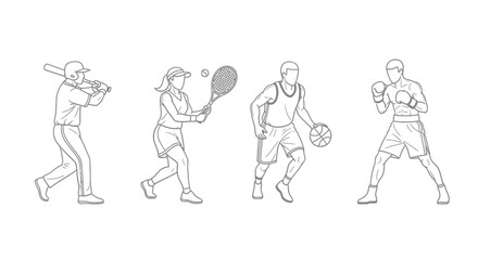 Naklejka premium Diverse sports illustration showcasing baseball, tennis, basketball, and boxing athletes active
