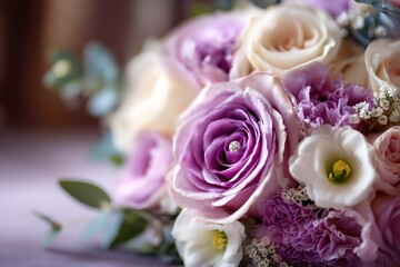 Elegant floral arrangement features a close-up of soft pastel roses and carnations, evoking romance