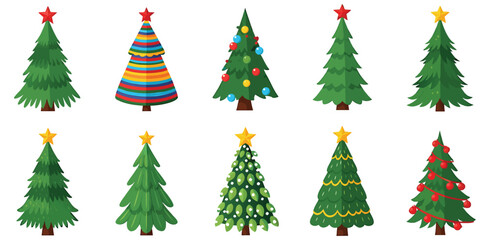 Festive christmas trees collection for holiday decoration, vibrant and colorful christmas tree set for print design and holiday celebration