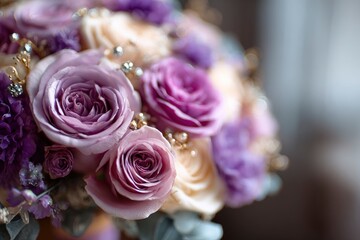 Close up shot capturing an elegant bouquet of roses and other flowers in soft pastel purple shades.