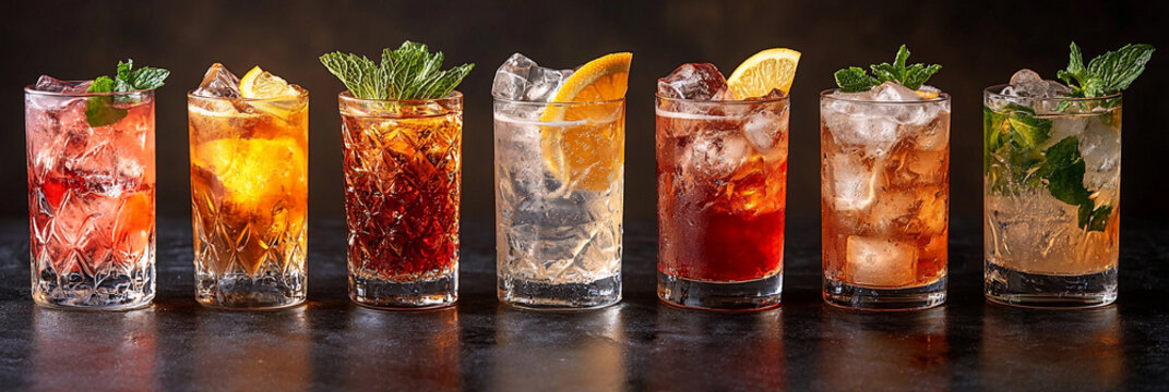 Colorful cocktails arranged in a row on a bar countertop Generative AI