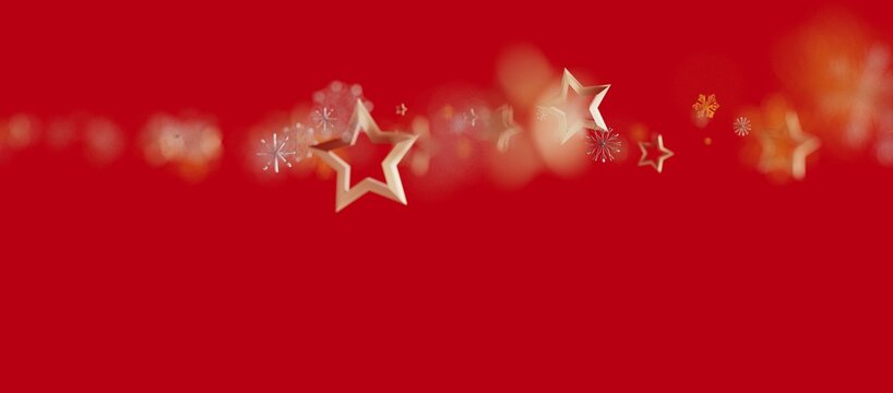 Christmas background with golden stars and snowflakes on a vibrant red background. Perfect for holiday design, greetings, and festive