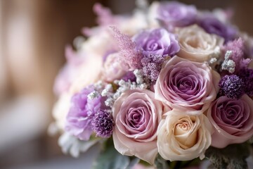 Close-up showcases a soft and romantic floral arrangement with purple and cream roses in delicate