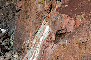 Mineral deposits on rocks at the coast, in Cornwall