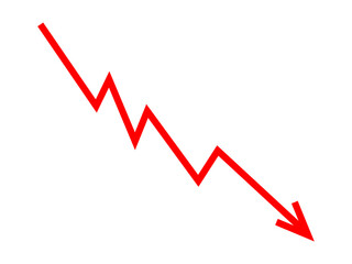 Red falling down arrow line graph indicates financial loss concept, stock market fall, business loss, market crash, economic loss. Red graph arrow downward direction. Vector illustration.