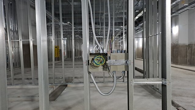 electrical wiring junction box and flexible conduit in metal stud framing on construction site