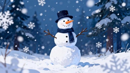 Obraz premium Snowman in Winter Wonderland: Cartoon Illustration of Snowy Scene with Snowflakes, Trees, and Festive Holiday Spirit