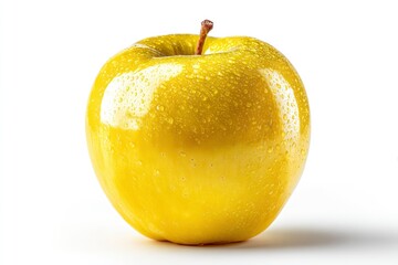 A vibrant yellow apple glistens with fresh droplets, resting against a stark white background in a