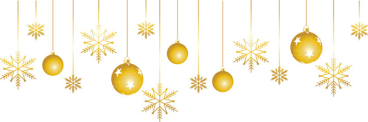 Golden hanging balls with snowflakes festive element