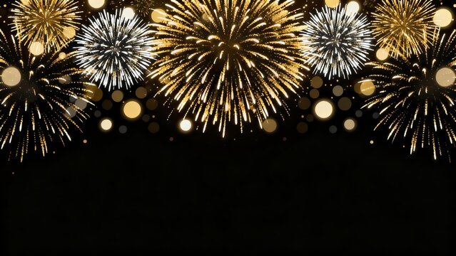 Gold & Silver Fireworks Display on Black Background: Festive Celebration, New Year's Eve, Holiday Banner, Party Backdrop, Sparkling Design