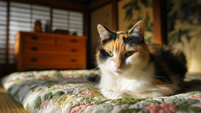 秋の布団で寛ぐ三毛猫