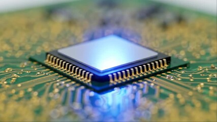 closeup of glowing blue cpu processor on green circuit board. technology, data processing, and artificial intelligence concept. digital innovation. banner, website header, copyspace. - Powered by Adobe
