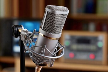 Studio condenser microphone set in an isolated recording booth or podcasting setup background.