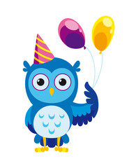 The owl in a party hat is joyfully holding two bright balloons