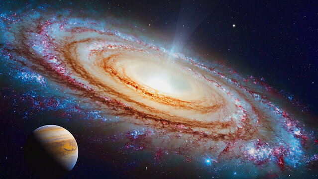 Photorealistic view of spiral galaxy and distant planet in deep space with bright cosmic light and colorful interstellar clouds