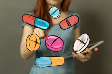 Image of woman using healthcare app, choosing pills.  Perfect for medical, pharmacy, telehealth.