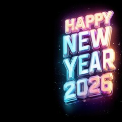 Neon sign with full text wishing &ldquo;Happy New Year 2026,&rdquo; festive unique design radiant on dark background, symbolizing celebration, joy, luminous energy. Glowing words in cosmic colors for greetings.