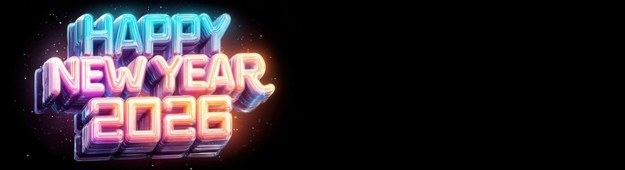 Lettering neon spelling full text &ldquo;Happy New Year 2026&rdquo; with pastel tones and cinematic highlights, layered 3D volume conveying futuristic joy, luminous celebration mood for a festive seasonal event.