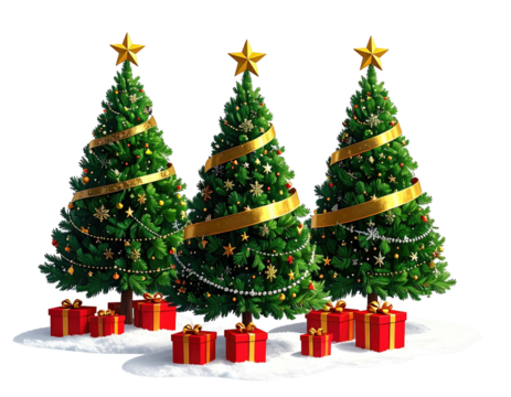 Three decorated Christmas trees with gifts on snow, black background