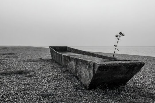 Abandoned Wooden Boat On Pebble Beach - Powered by Adobe