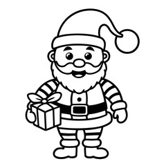 Obraz premium line art illustration of a cute cartoon Santa Claus with traditional costume and gift bag, simple festive design. Santa Claus icon. Vector, illustration