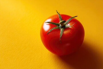 A single, vibrant red tomato sits against a textured golden yellow background in simple, clean