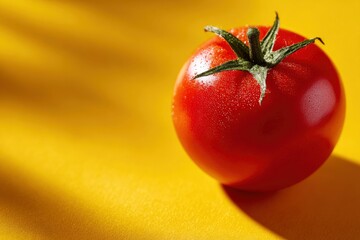 Isolated ripe tomato with glistening water droplets presents vibrant color and fresh texture.