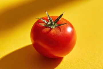 Bright, juicy red tomato, spotlighted against a vibrant yellow backdrop creating a minimalist still