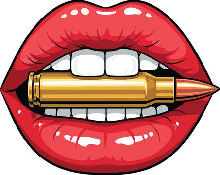 Red lips biting a golden bullet