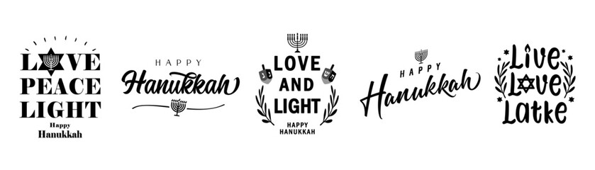 Happy Hanukkah lettering creative holiday set. Modern typography design for traditional Jewish holiday Hanukkah with menorah candlestick. Vector Illustration