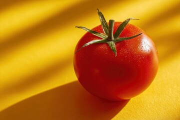 Vibrant red tomato glistening with water droplets sits against a sunny yellow backdrop and