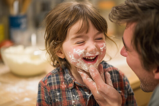 A child with flour on their nose giggling at a parent's silly face during a playful baking moment.