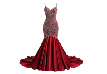 Elegant red mermaid gown with intricate beading isolated on transparent background